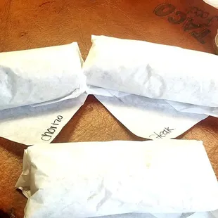 Our takeaway.... o each and one for the flight home... breakfast steak.. breakfast chorizo.. carne asada