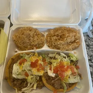 Ground beef sopes with double rice (not a bean fan)