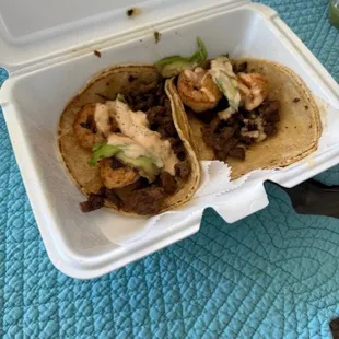 Steak and shrimp tacos.