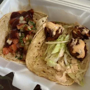 Fried shrimp on the right and grilled shrimp on the left.