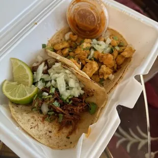 Pollo taco on the right. Steak taco on the left.