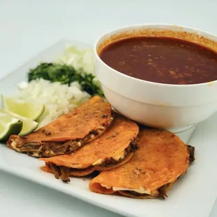Come Try Our Quesabirria!!
Three Small Quesadillas Stuffed With Shredded Beef And Sided With Birria Soup To Use As A Dip!!