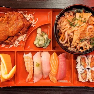 Sushi combo with udon and tonkatsu. Yum.