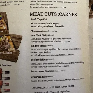 Menu: Steak options