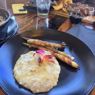 Mashed potatoes and bacon wrapped asparagus