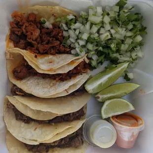 5 corn tacos - pastor, barbacoa, fajita