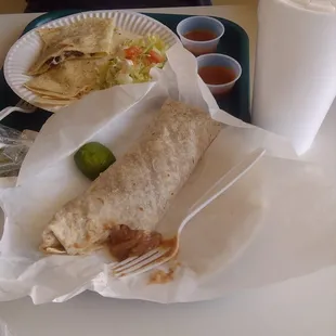 Burrito &amp; quesadilla with an hoorchata.