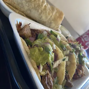 Taco flight and carna asada burrito