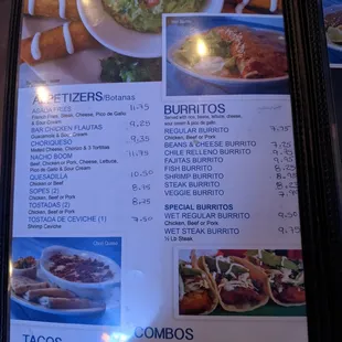 Appetizer, Burrito, Taco &amp; Combo menu.