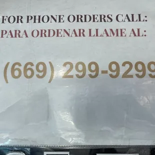Phone number for pick up orders