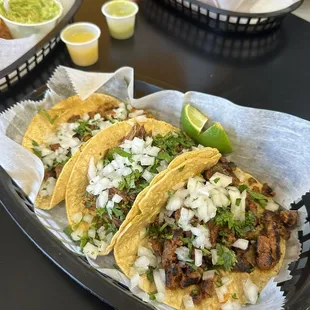 Taco trio, chorizo, Al pastor and barbacoa