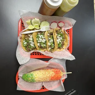 Carne asada tacos, elote (colors for Mexican Independence Day)