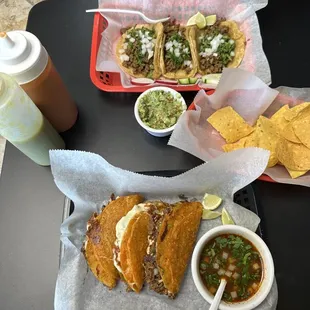 Carne asada and quesabirria tacos, chips &amp; guacamole