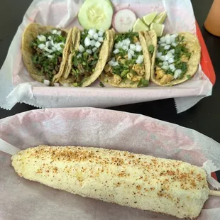 Carne Asada and Pollo tacos with Elote.