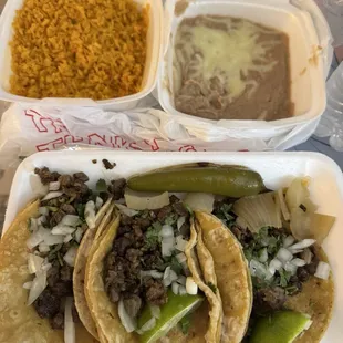 Steak Tacos, Side of rice &amp; beans.