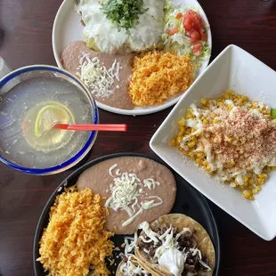 Carne Asada tacos, enchiladas with spicy verde sauce and Mexican corn with Casamigos margaritas!