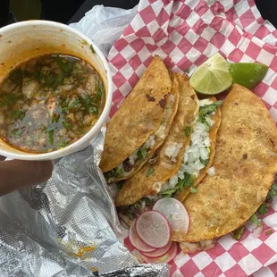 Birria tacos with consome