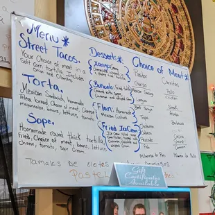 Choice of meats for tacos, Dessert menu