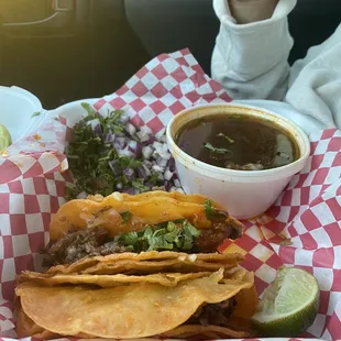 Salsa was bomb and not cheap with the cilantro, onion &amp; birria soup.