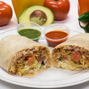 burrito with choice of meat rice, letucce, pinto beans. pico de gallo, salsa, cheese, sawer cream