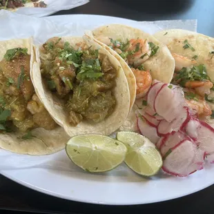 A plate of camarron (shrimp) and chicharone (pork rind) tacos. The chicharone has such an luscious mouth feel. Just wonderful.