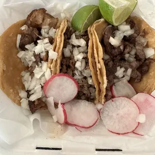 Carne Asada taco, Cesina taco, and Carnitas taco.