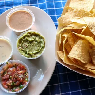 4 dips and chips (salsa,queso,guacamole,bean dip)