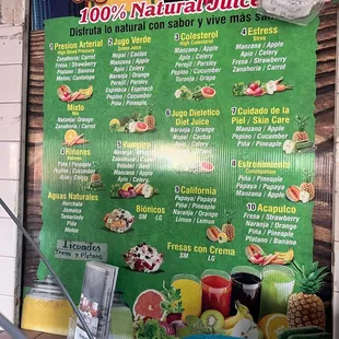 Natural juice menu