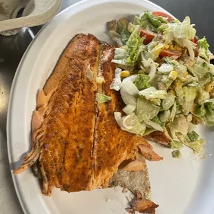 a plate of fish and a salad