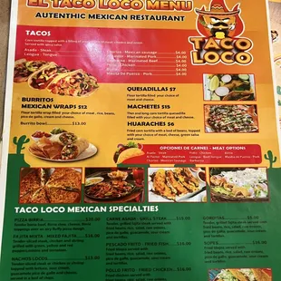 a mexican restaurant menu