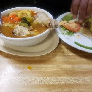 Chicken soup and beef taco
