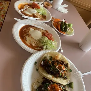 Ala carte cheese enchilada, taco dorado recrea, carne asada tacos. Horchata and jamaica.