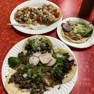 Shrimp Ceviche $3 each (away) Camaron Taco $4.30 (side) Carne Asada Taco $2.50 each (center) and Lengua Taco $2.75 (bottom) 05/14/2022