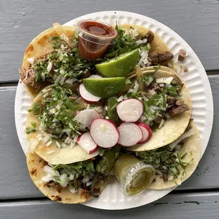 Tacos ($2.50 USD each);  two lengua, asada, al pastor, carnitas and cabeza