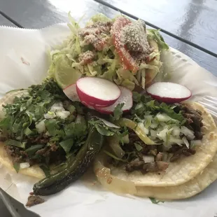 Carne asada tacos and lengua sopito