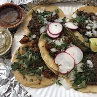 Everyday is taco day! 3 asada &amp; 2 spicy pork :D