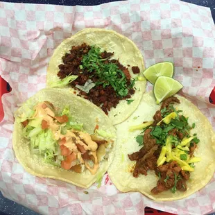 Chorizo, Pastor, and Pescado Tacos