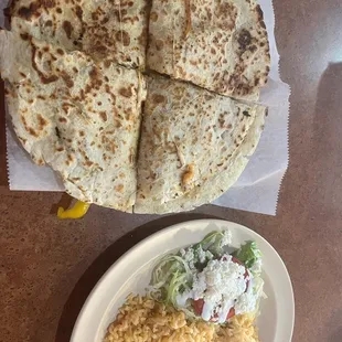 Jumbo shrimp quesadilla with salad, rice &amp; beans