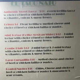 The menu on the taco truck