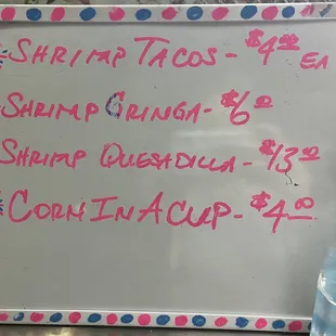 Additional menu on the side with choice of shrimp and corn