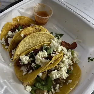 (4) Taco plate that comes with a small container of sauce on the side. I had just opened the cap and it seems quite empty from this angle.