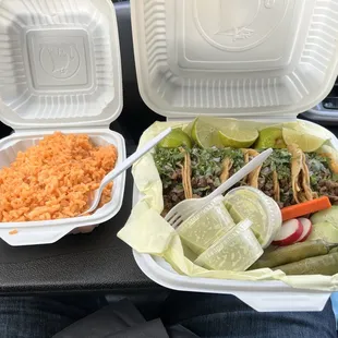 The Carne Asada tacos and a side of rice.