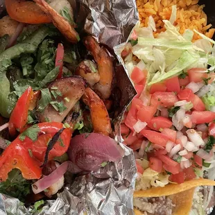 Shrimp fajitas with rice and beans, comes with tortillas. This was EXCELLENT.