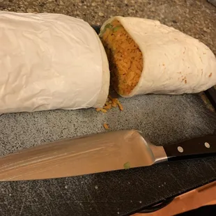 a burrito cut in half
