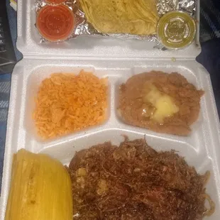 Shredded beef (barbacoa) plate with chicken tamale side order