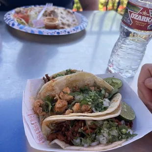 3 flour tacos (barbacoa, pastor and chicken) and a barbacoa quesadilla.