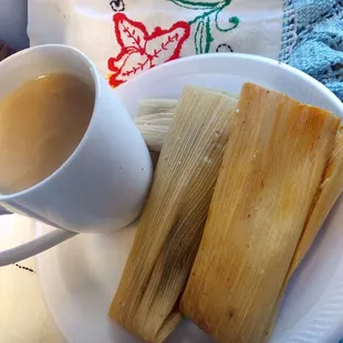 Delicious Mexican tamales with a Mexican drink champurado. The drink is only available around the Christmas holiday I think.