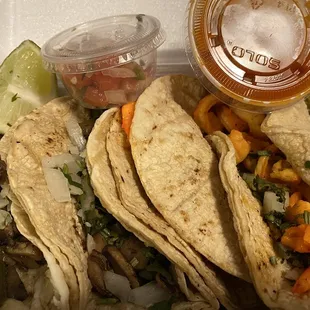 Mushroom tacos and shrimp tacos... yum and yum!!