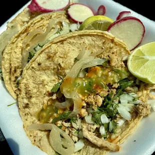 Chicken tacos, very tasty even without the salsa.