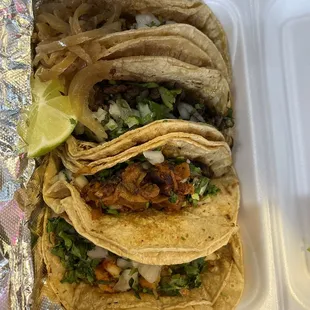 Chorizo, asada, al pastor and shrimp. Keep driving down to Vernor Hwy for tacos next time